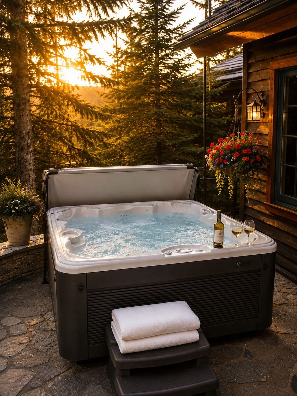 Soak away the day in your private hot tub as golden sunset filters through towering evergreens, wine glasses ready for twilight toasts beneath the mountain sky.