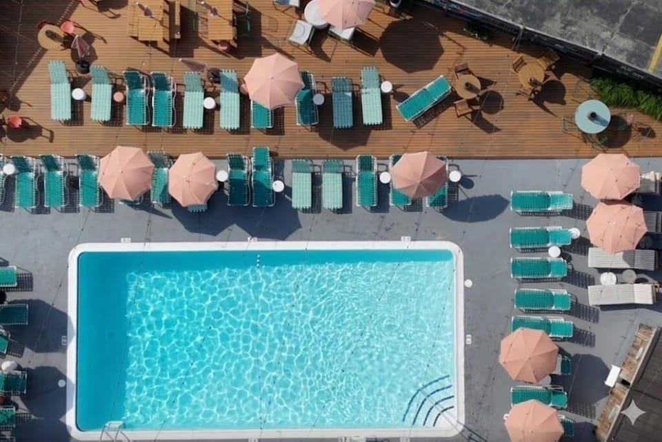 Soak up the sun with spacious loungers and sparkling water.