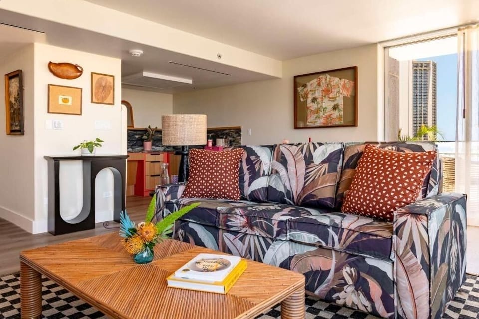 Unwind on the plush sofa after a day exploring.