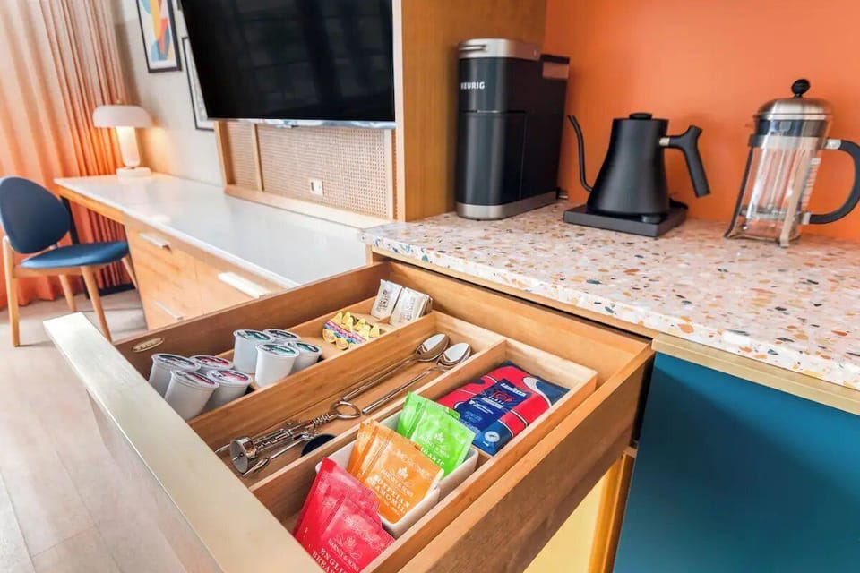 Start mornings with fresh coffee and easy in-room essentials.