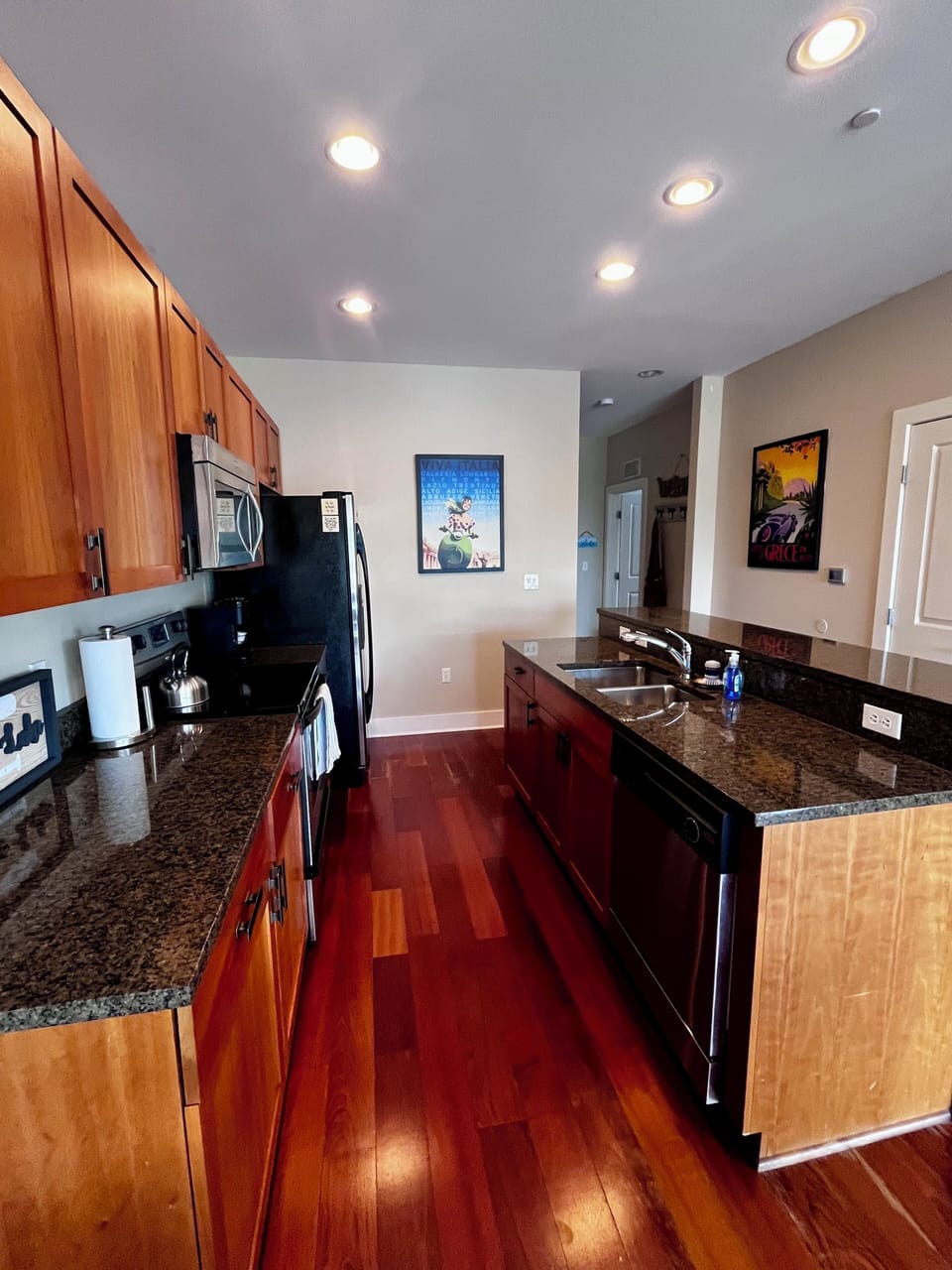 Our kitchen is equipped with dishes, pots, pans, and other items you might need.