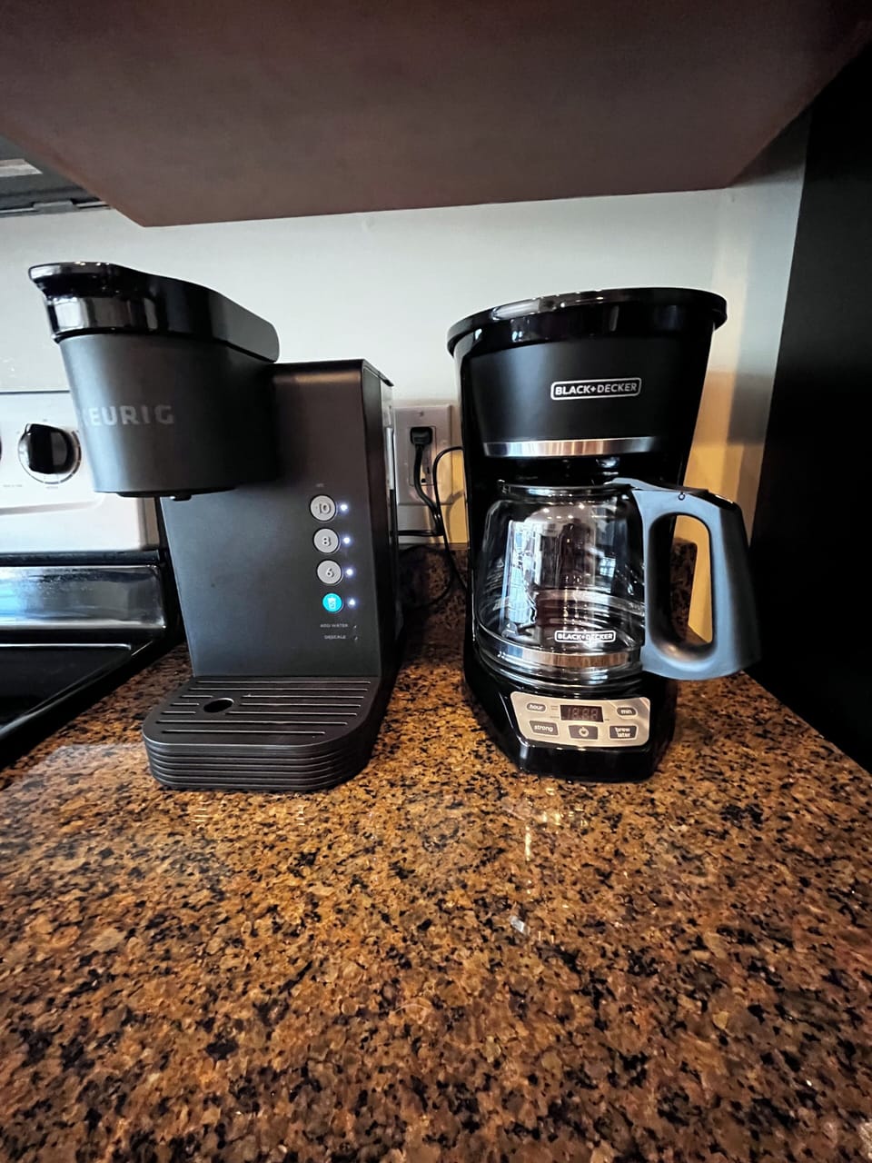 We have a brand-new regular coffeemaker and Keurig for your use.