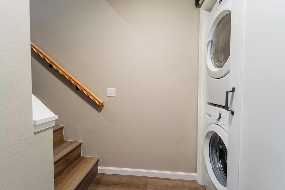 Stackable washer/dryer to use downstairs  laundry soap is provided in the pantry in the kitchen 