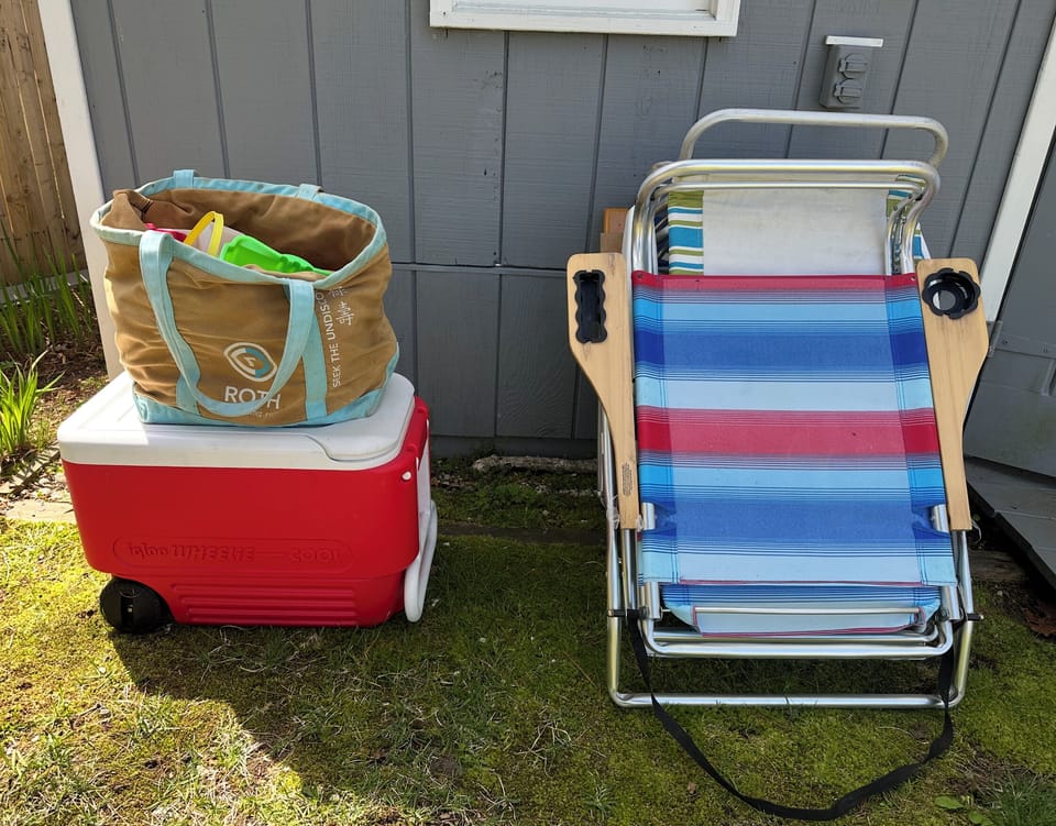 Cooler, beach toys, beach chairs