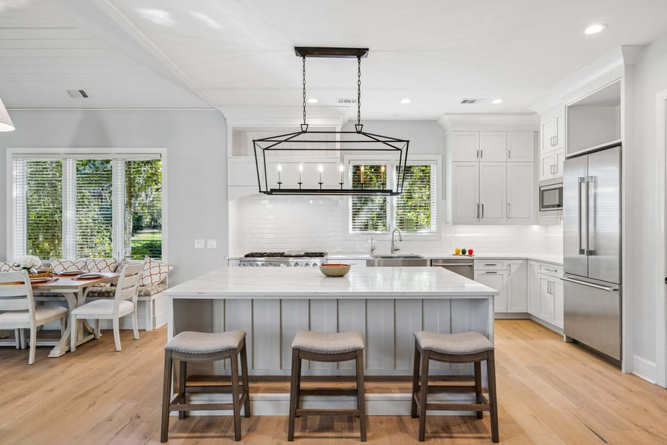 Stainless steel appliances and luxurious countertops