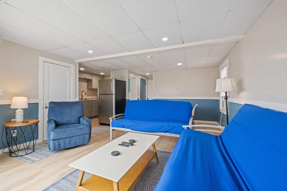 Futons provide seating during the day and sleeping at night.