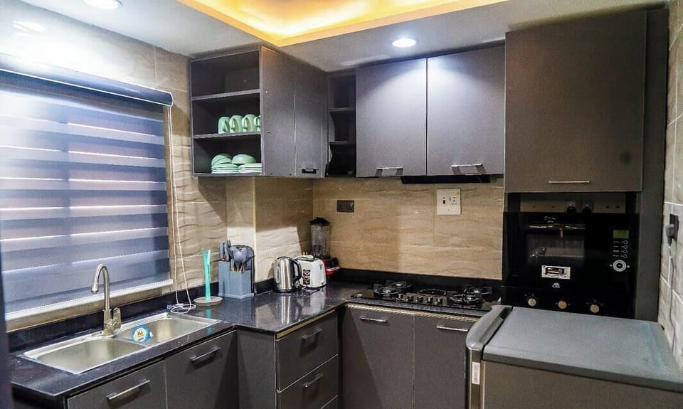 Economy Apartment, Balcony, City View | Private kitchen | Fridge, microwave, oven, stovetop