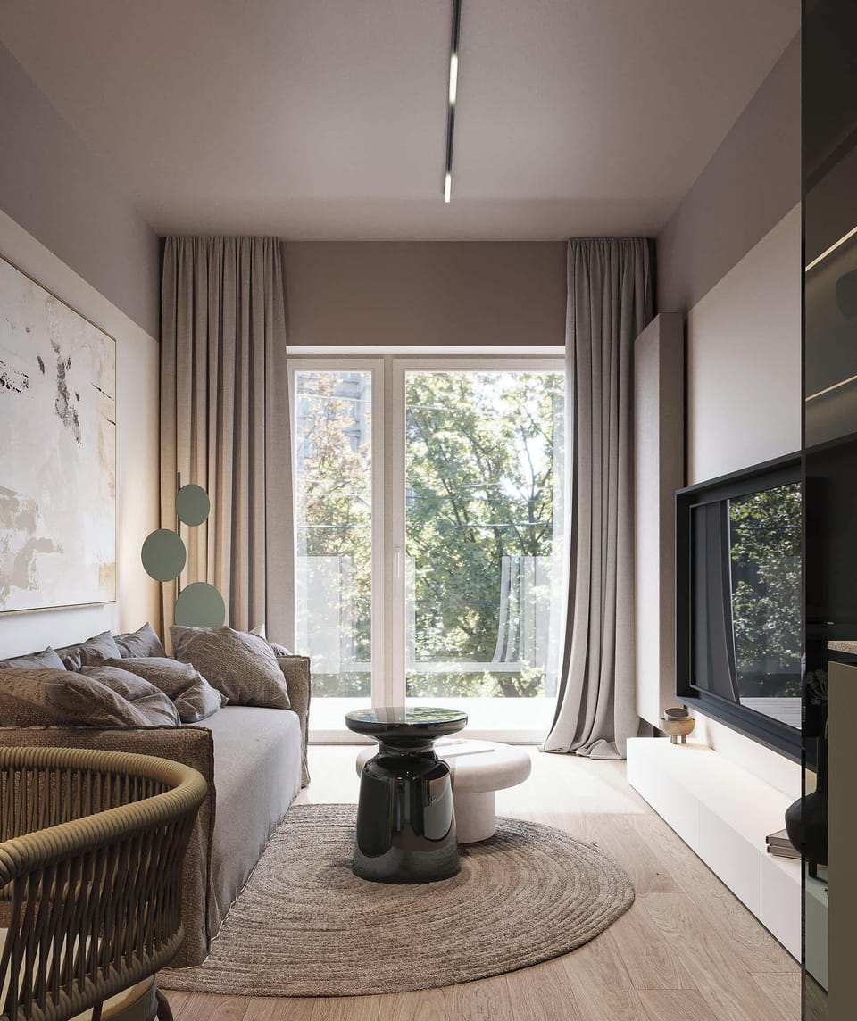 Cozy studio with sofa, coffee table and soft decor