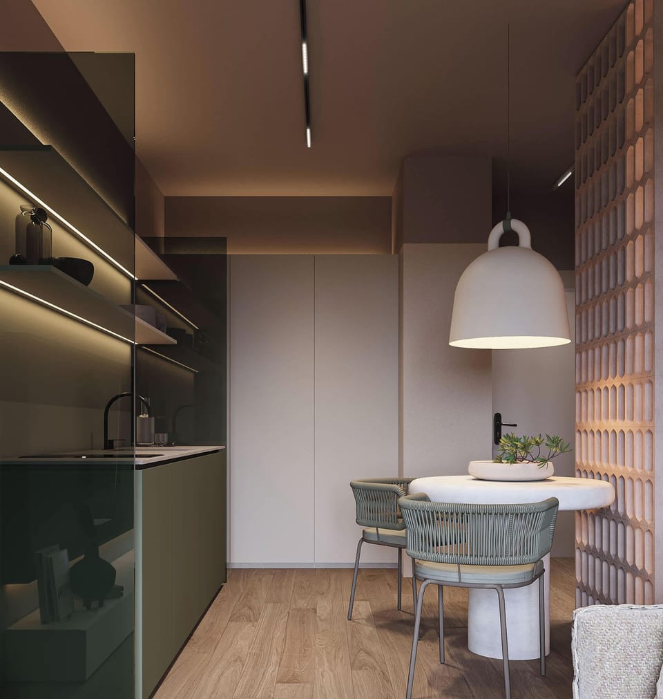 Open-plan studio with kitchen and dining space