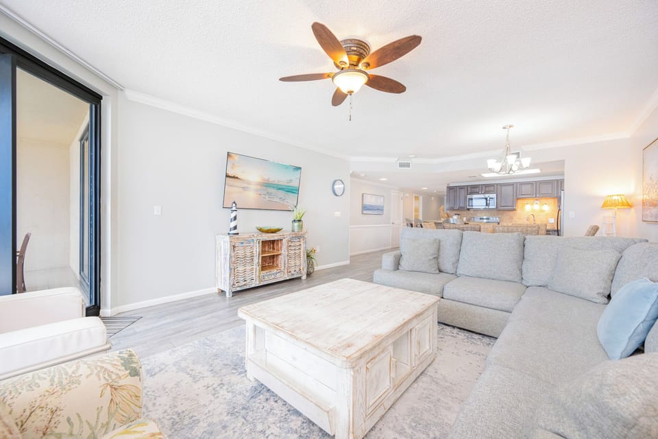 Cozy sectional offers plenty of room for everyone to watch a movie or the game