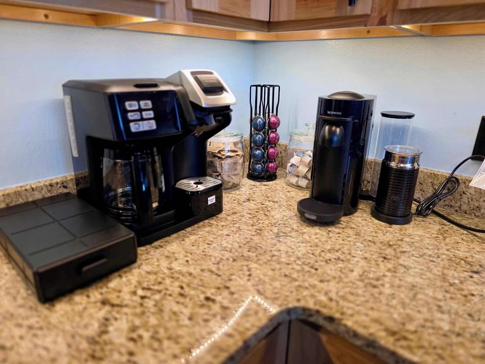 Our fully stocked kitchen ensures that every guest can brew their favorite morning coffee, whether you prefer using a drip coffee maker, a Keurig, or a Nespresso machine—we have options to suit every preference in your party.