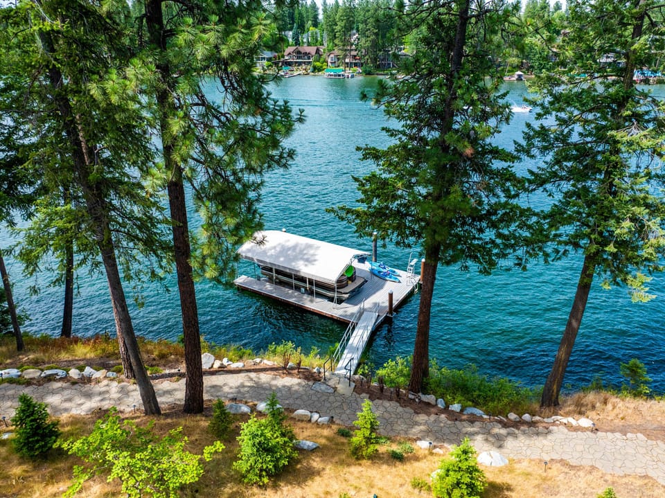 Aerial view of the dock and the Spokane River