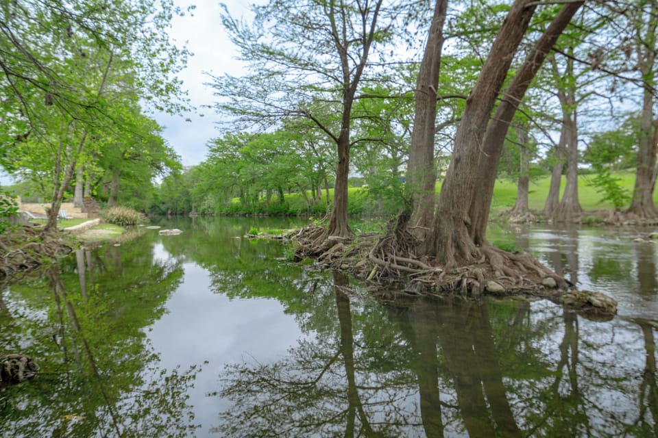 Cypress-shaded Guadalupe River steps from Waterwheel — swim, fish & relax