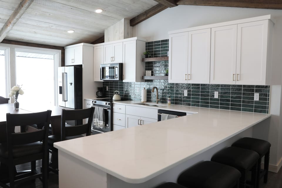 Kitchen's large counters perfect for buffet style eating or baking. 