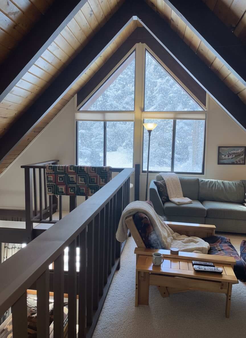 Loft sitting area with A-frame windows