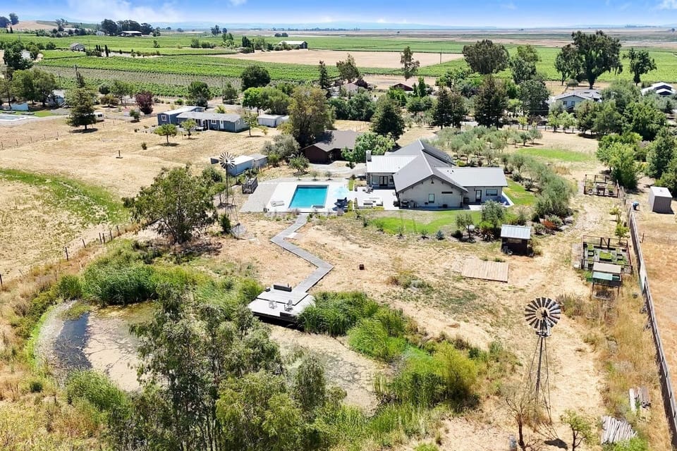 Aerial View of the property and Carneros grapes and Sonoma Mountains.