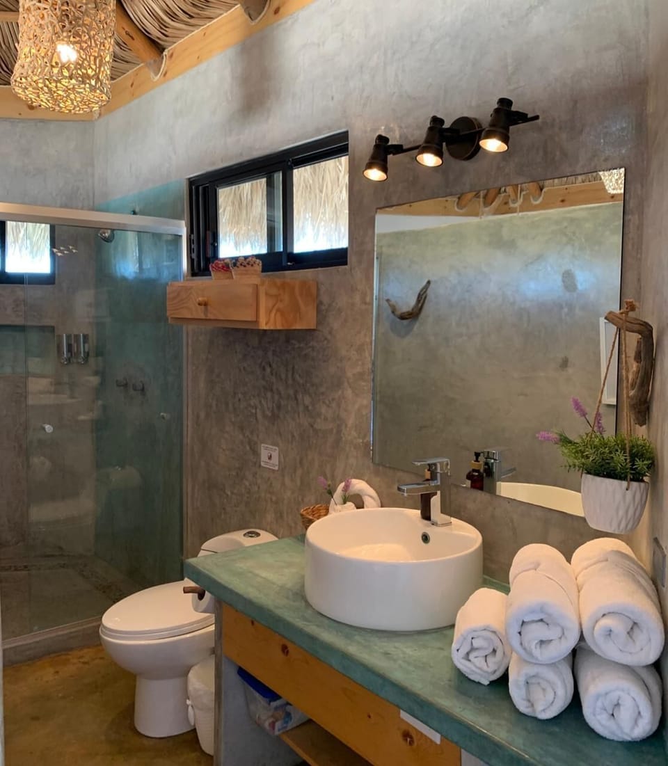 Shower, towels, soap, shampoo