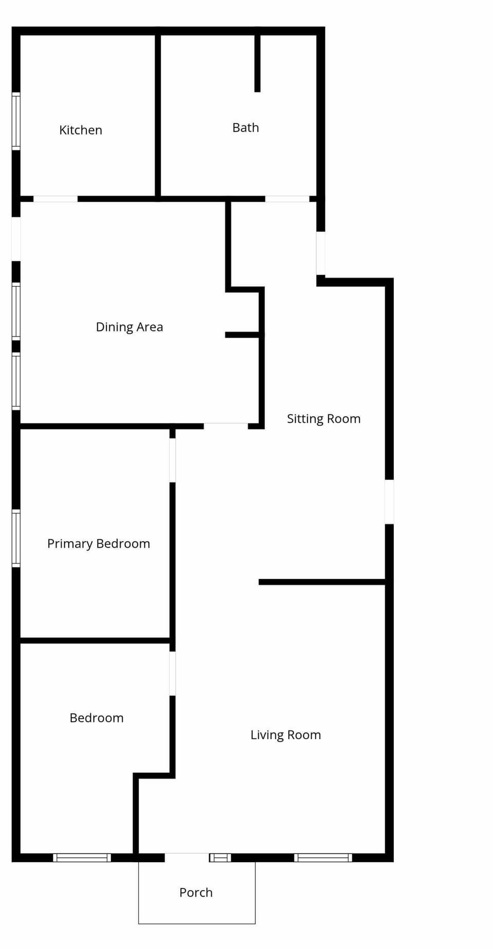 The floor plan labels the kitchen, bath, dining area, sitting room, primary bedroom, second bedroom, living room, and porch.