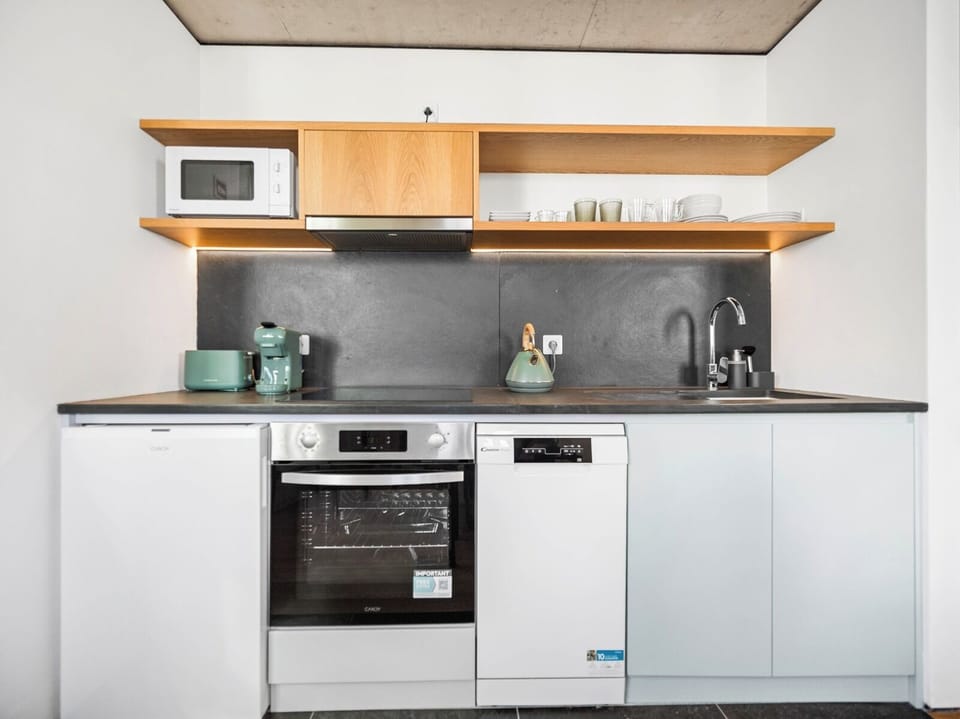 Mini-fridge, microwave, oven, stovetop