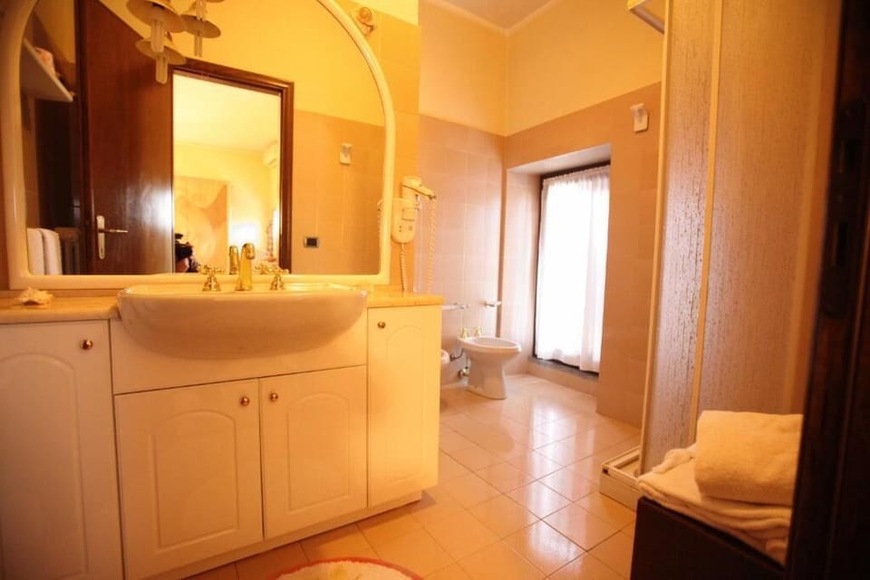 Shower, towels, shampoo, toilet paper