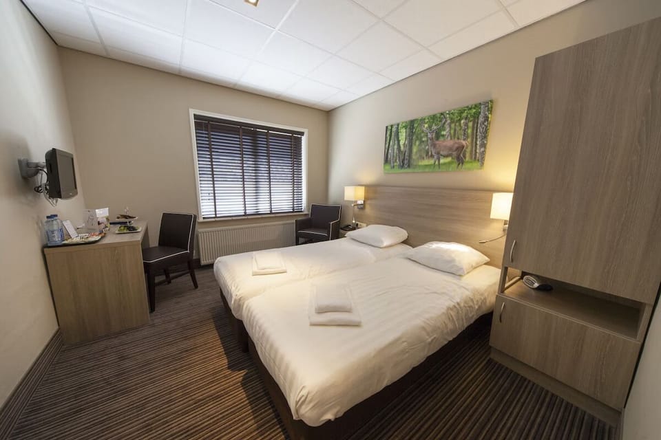 Kick back after exploring with TV, desk, and plush bedding.