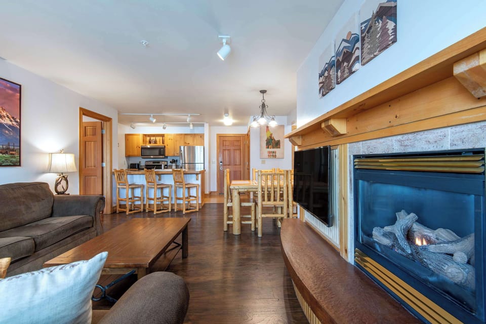 Cozy fireside living with room to gather after a day outside