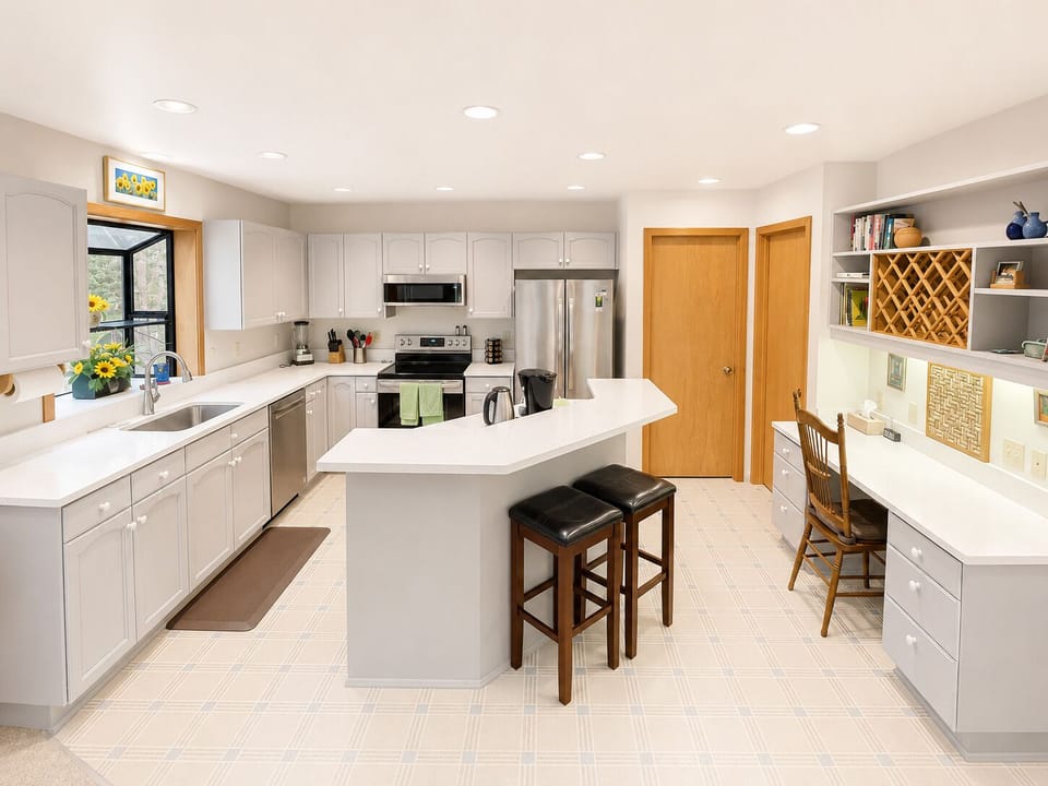 Large open kitchen is fully equipped for cooking-in with bar seating for two.