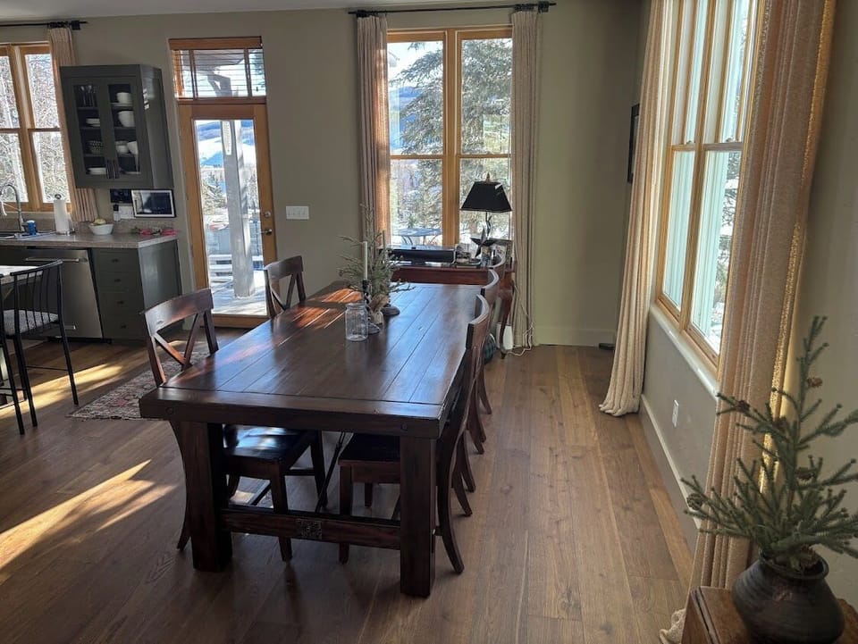 Dining room table. Seats up to 8 plus 4 more at the island.