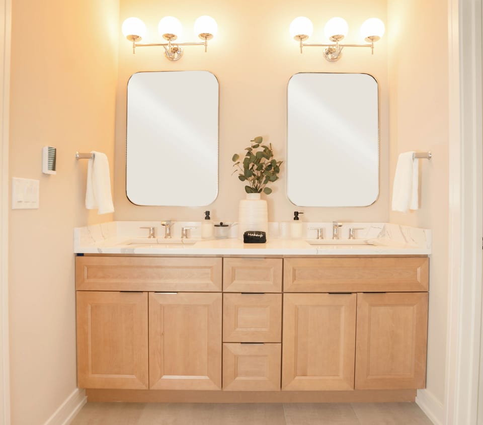 Bedroom 1 ensuite bathroom with walk in shower, tub, double vanity.