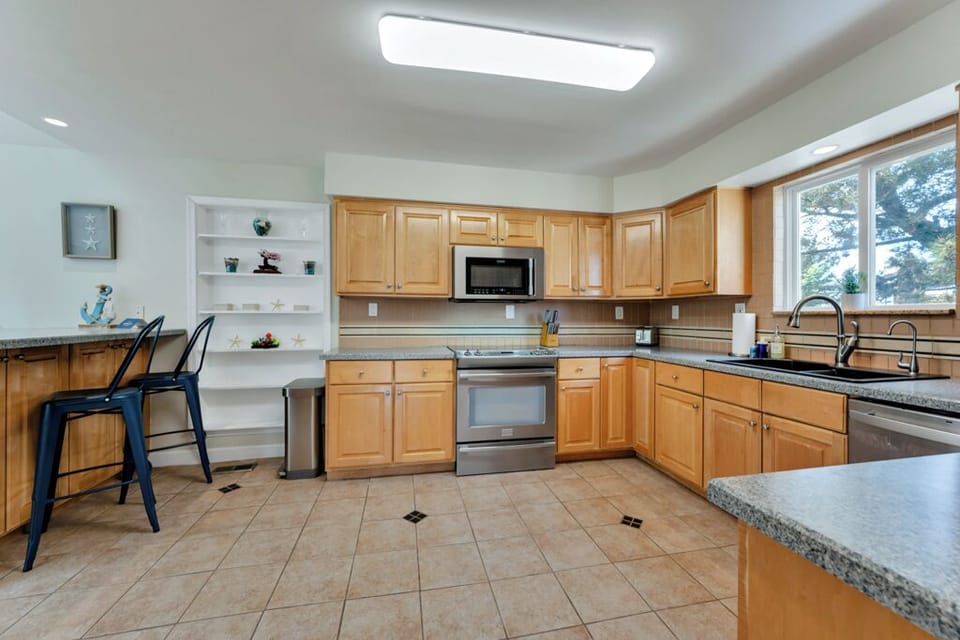 Well stocked and spacious kitchen. 