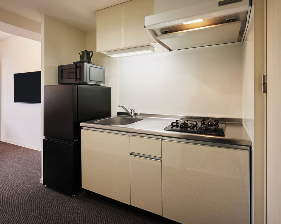 Double Room | Private kitchen | Full-size fridge, microwave, stovetop, cookware/dishes/utensils