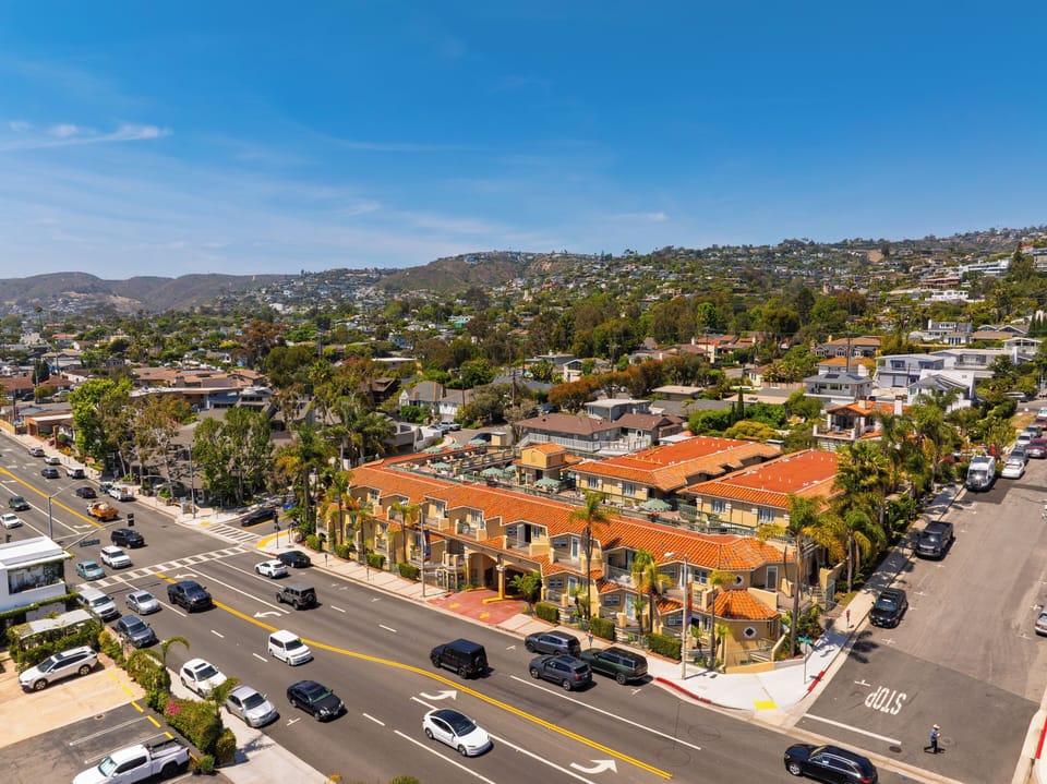 Aerial view of the property and neighborhood.