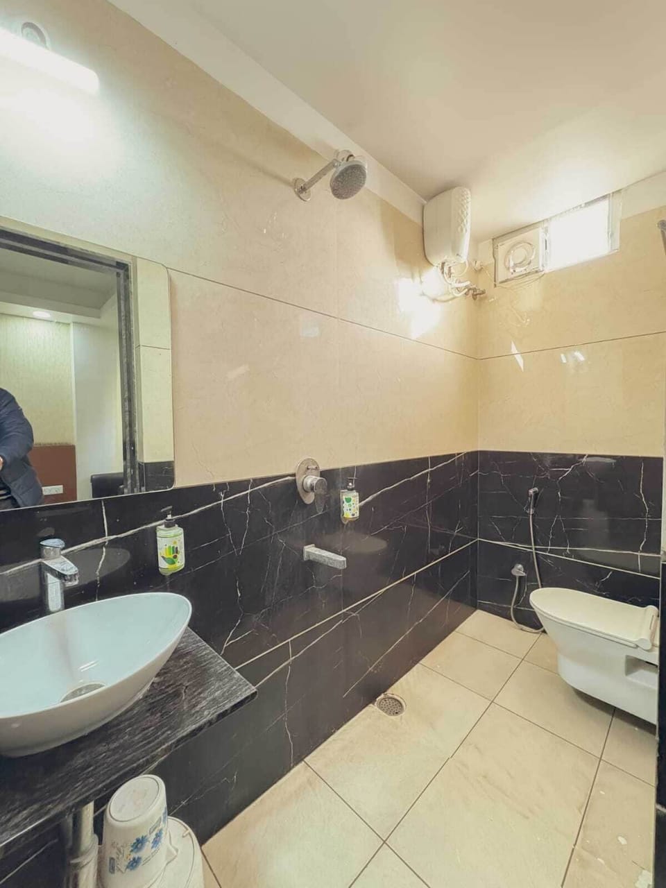 Shower, free toiletries, towels, soap