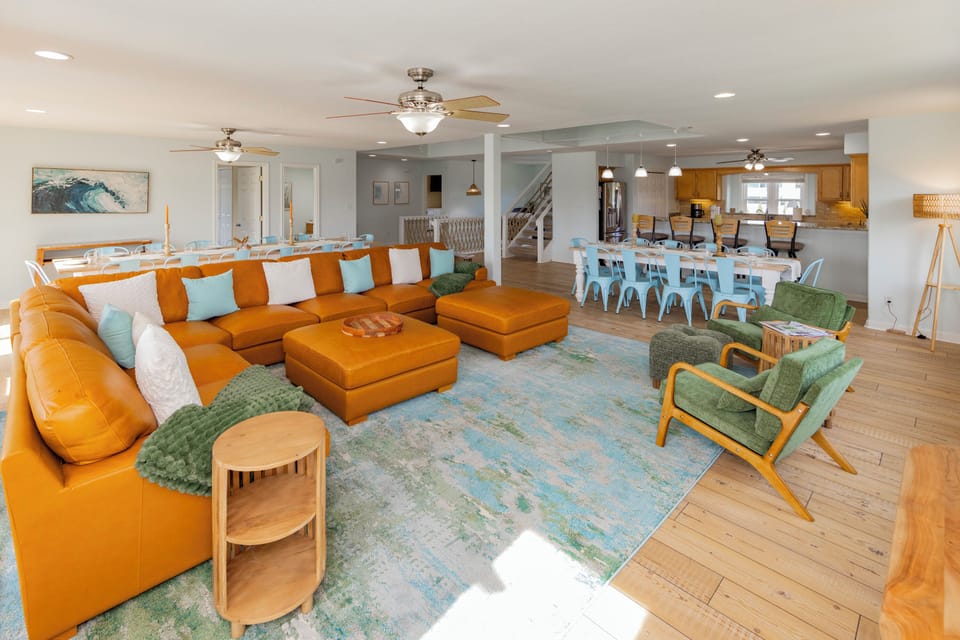 Colorful yet calming beachy decor throughout 