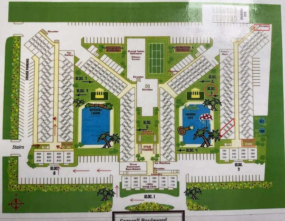 Property map with Unit 3202 boxed, as well as both front/rear elevators
