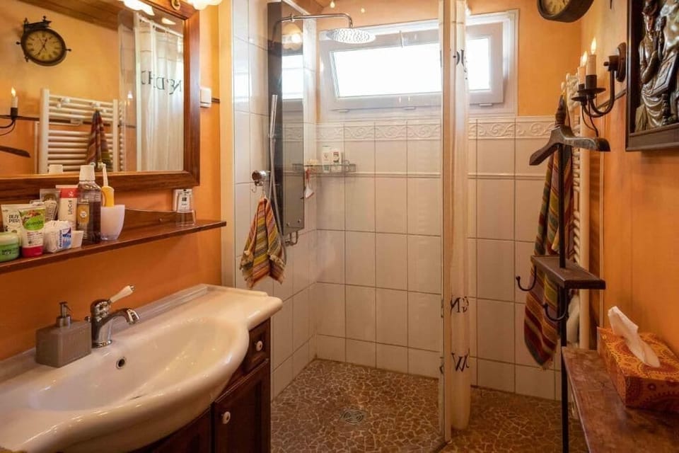Shower, rainfall showerhead, hair dryer, bathrobes