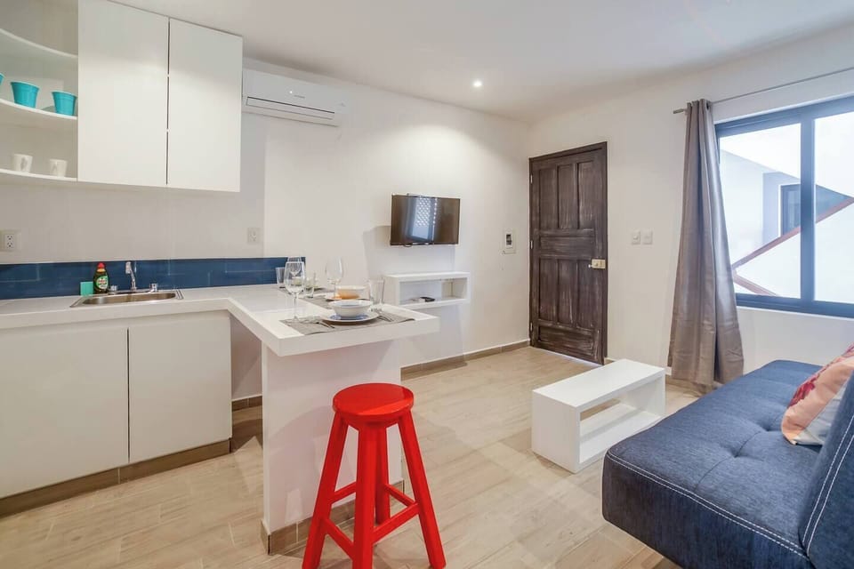 Living room with kitchen, cable tv and sofa bed (2 kids or 1 adult)
