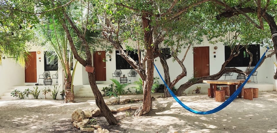 Common courtyard area with hammocks and table