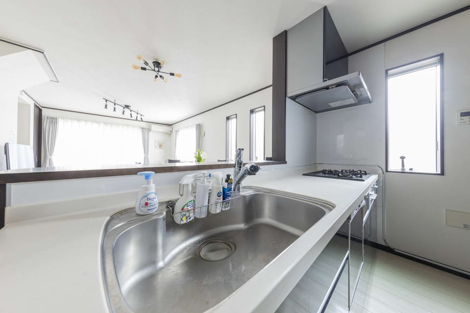 A kitchen equipped with dish soap, a sponge, and hand soap.
