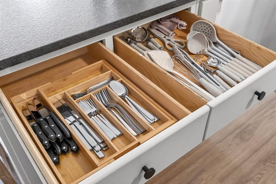Modern kitchen stocked with high-quality utensils for easy, comfortable meal preparation.