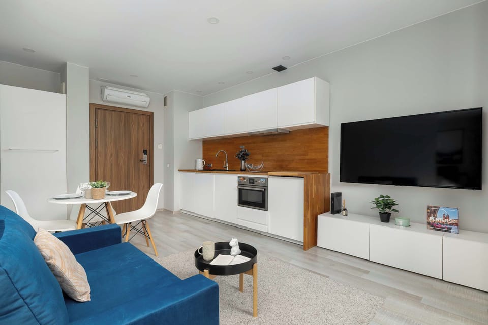 This broad view captures the full length of the apartment, from the navy sofa in the foreground to the kitchen and entryway in the back. The consistent use of light gray walls and wood flooring creates a cohesive look.