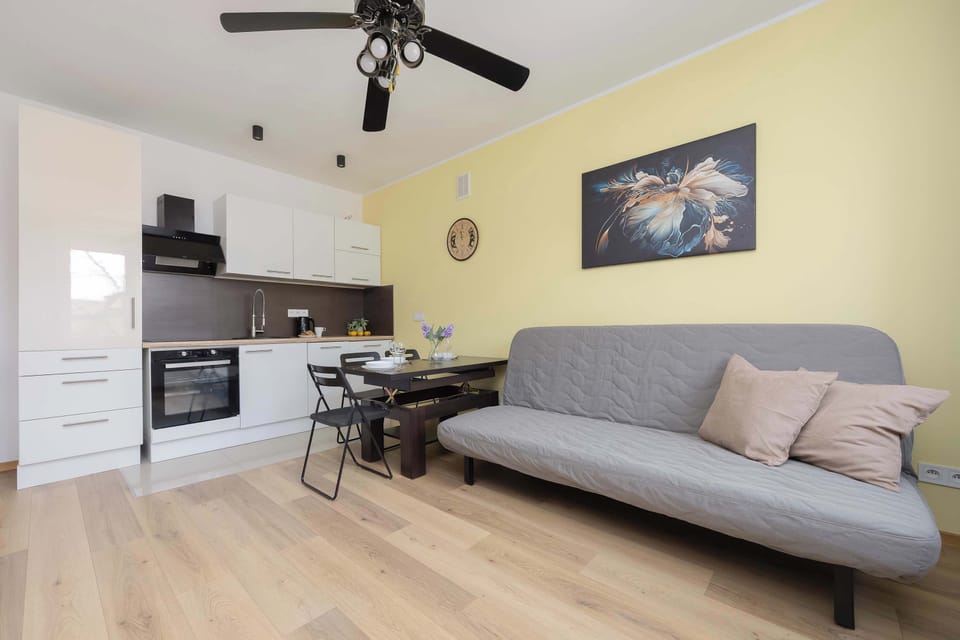 A welcoming living space features a dining area with a table and chairs, situated near a large window. A grey sofa and a television are visible in the background, making it a functional and comfortable room.