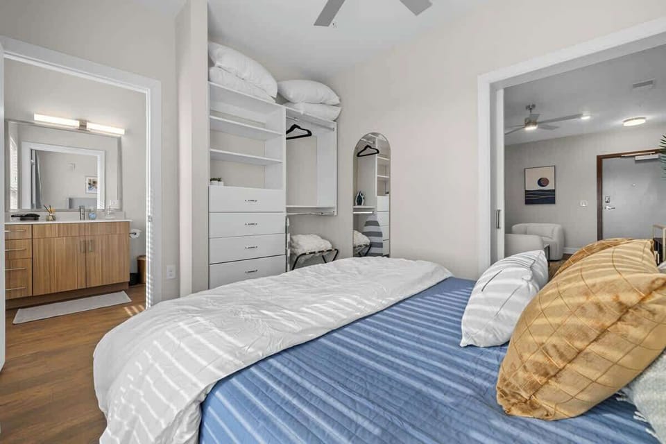 Drift into peaceful sleep in a serene, stylish bedroom.


