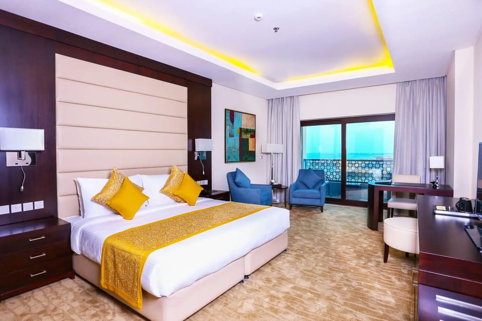 Arrive and exhale in a bright suite with balcony outlooks.
