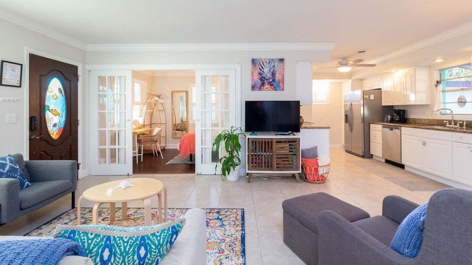 Bright & airy living room with smart TV