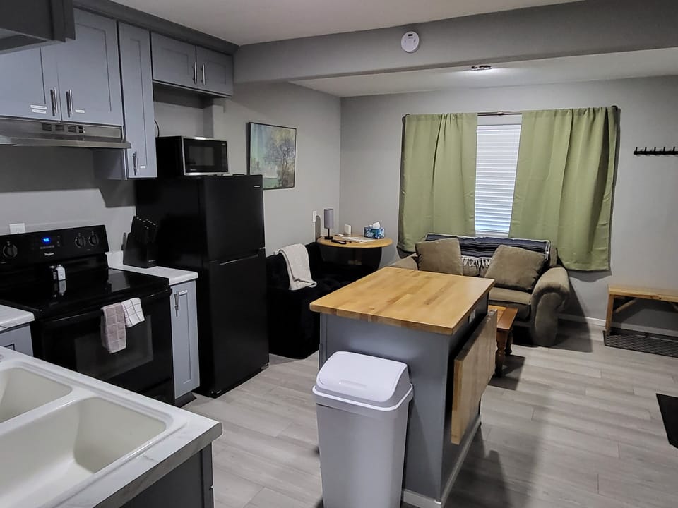 Open concept for living room, kitchen, and dining area.  Plus, the sofa bed.