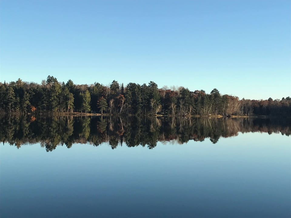 Quiet, tree-lined shoreline with peaceful lake view, no busy chain-lake crowds