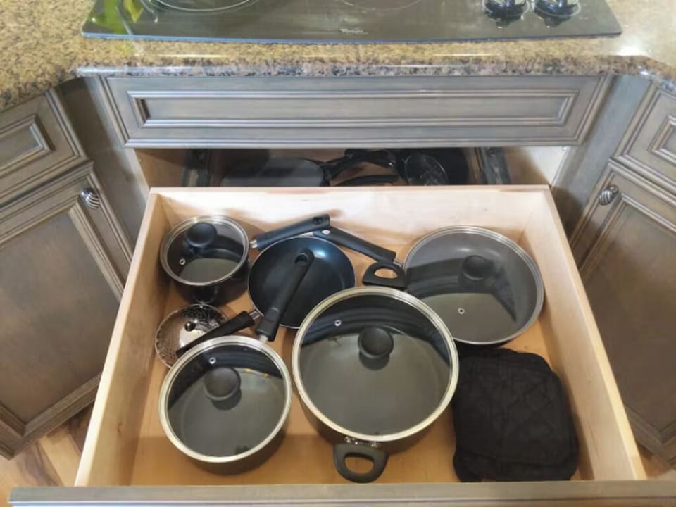 Nonstick pots & pans with glass lids. Not pictured food-grade silicone utensils.