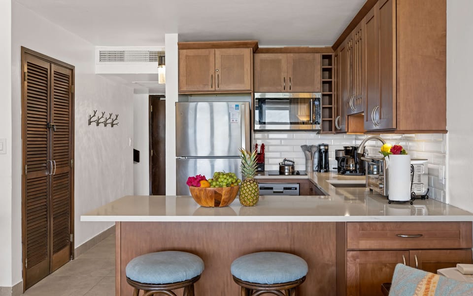 Fully equipped kitchen with everything you need to prepare meals during your stay.