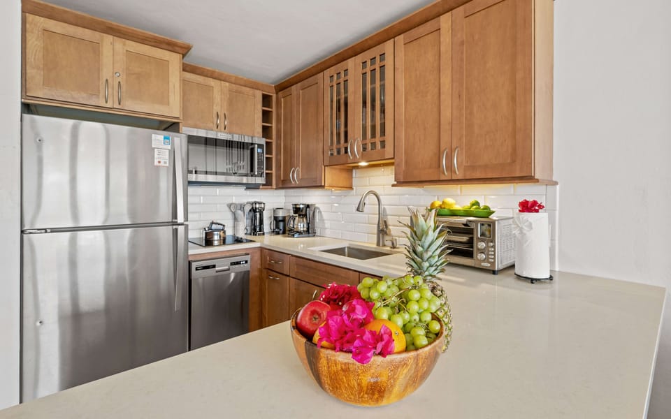 Fully equipped kitchen with everything you need to prepare meals during your stay.